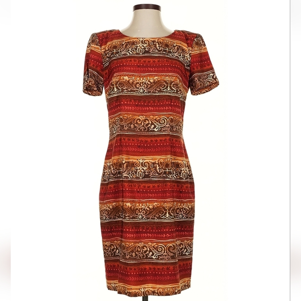 K. C. Spencer Patterned Sheath Dress, Reds and Browns, Size 6